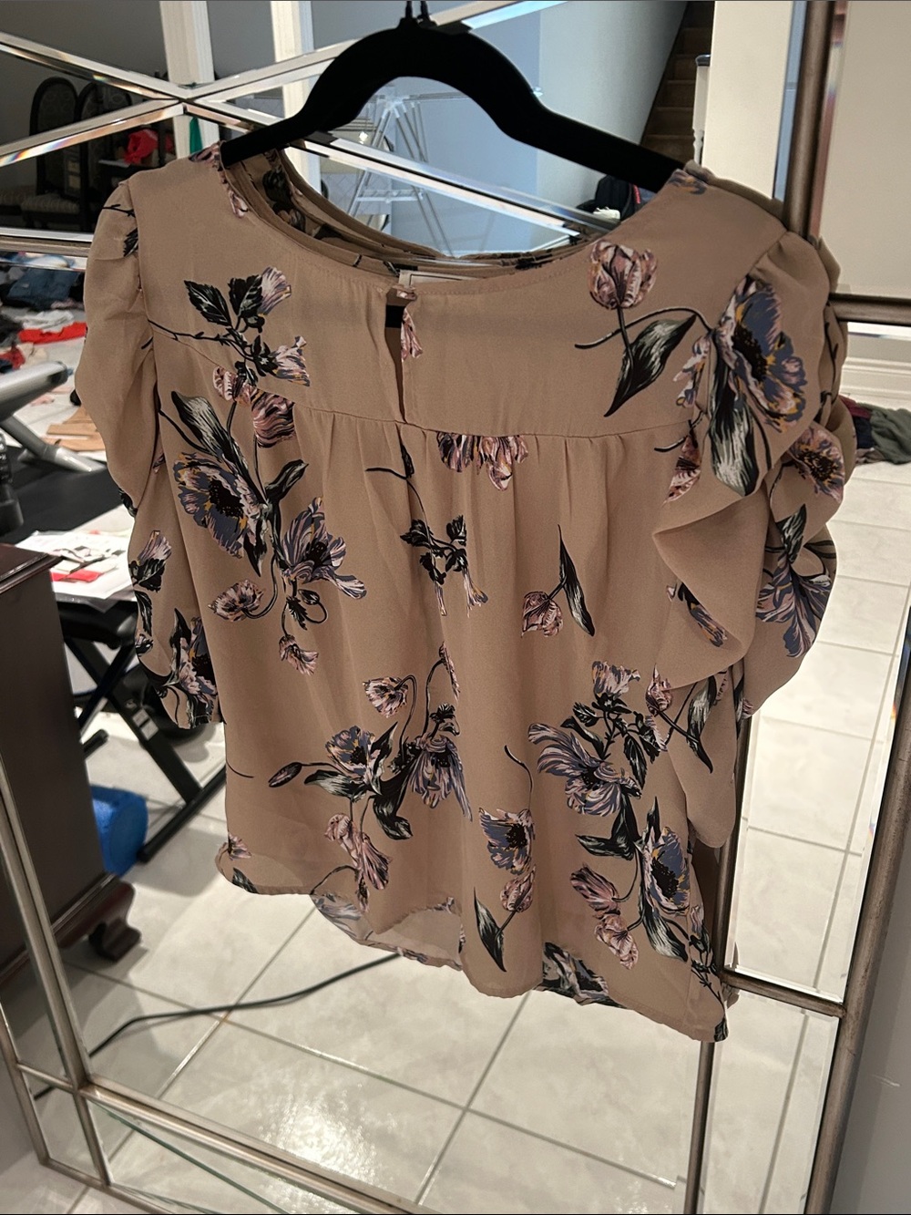 Taupe Floral Ruffle Sleeve Blouse